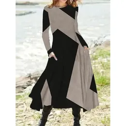 가을과 겨울 여자 레저 민족 스타일 롱 슬리브 스윙 드레스 패션 레트로 기하학적 인쇄 라운드 넥 드레스 240308