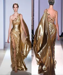 セクシーなワンショルダーゴールドイブニングドレスZuhair Murad Haute Couture Aptliques光沢のある長いプロムガウン5216840