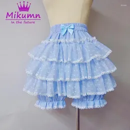 Shorts femininos Mikumn Harajuku Kawaii Azul Ruffles Calças de Abóbora Mulheres Bonito Lace Bow Lolita Segurança Curto Vintage Victorian Bloomers