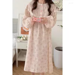 Kadınlar için Kadınlar için Tatlı Lale Baskı Pijamaları Kadınlar Nightdress Fırfır Uzun Kollu Düğme O boyun Nightgown Kawaii Giysileri