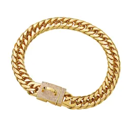 Diamond Golden Pet Chain Halsband 16mm breda rostfritt stål hundkrage Doberman Bulldog Pug Pug Puppy Supplies288J