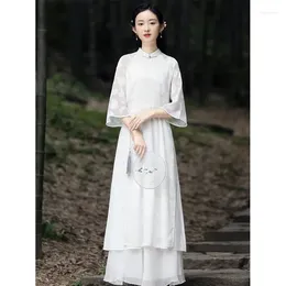 Roupas étnicas 2024 Vietnamita Tradicional Chiffon Ao Dai Conjunto Chinês Qipao para Mulheres Fariry Cheongsam Vestido Estilo Traje Aodai