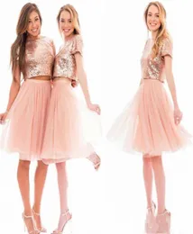 Sparkly Blush Pink Rose Gold paljetter Brudtärklänning Kort ärm Junior Two Pieces Prom Party Dresses Homecoming Dresses3214119