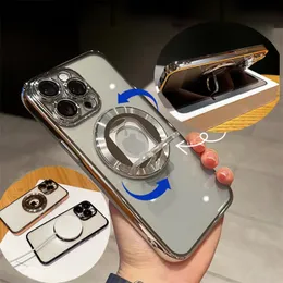 Nova proteção de lente de vidro de câmera galvanizada, anel giratório, suporte magnético para capas Magsafe, capa à prova de choque para iPhone 15 14 13 12 11 Pro Max