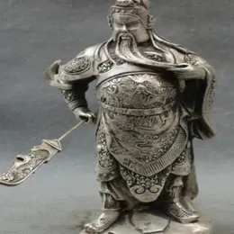 10 Cinese Argento Testa di Drago Lealismo Guerriero GuanGong Guan Yu Dio Statua in metallo artigianale304C