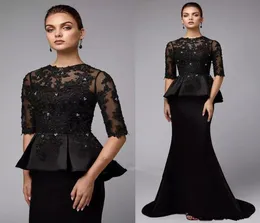 Vintage Black Mermaid Evening Dresses with Peplum Beaded Applique Half Sleeves Mother of the Bride Party Gowns Jewel Neck Prom Dre5467903
