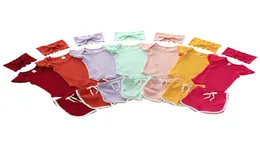 Bebê conjuntos de roupas sólidas meninas voando manga macacão calças superiores headbands 3 pçsset boutique crianças artigo casual pit outfits m1601165