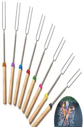 BBQ Forks Camping Campfire Stainless Steel Campground Lunch Tools Wooden Handle Telescoping Barbecue Roasting Fork Sticks Skewers9325917