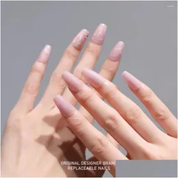 Unhas Falsas Ziiibeyond Cherry Blossom Dream Nail Art Handmade Vestindo Fada Rosa Brilhante Diamante Escada Curta Menina ZB34 Drop Delivery Ots3W