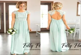 Abito da damigella d'onore lungo in chiffon di pizzo verde menta 2022 Stile country con apertura sul retro Abiti da damigella d'onore Abito da ospite di matrimonio26268957585793