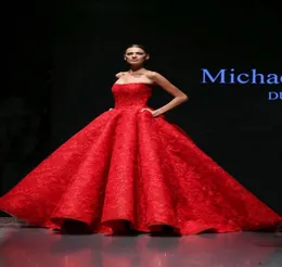 Michael Cinco Vestidos de Noite Vermelhos Rendas Appliqued Beads Ruffles Strapless Prom Vestidos Desgaste Do Partido Custom Made Até O Chão Dres3950922