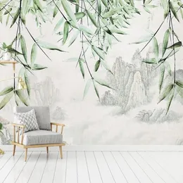 Anpassad väggmålning tapet väggkonst Ny kinesisk stil bläck bergsvatten bambu studie vardagsrum sovrum bakgrund vägg målning1315i