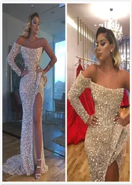 2019 ASO EBI ARABIC Gold Blaskly Sexy Even Evening Sukienki Mermaid High Split Dresses Cequine Formal Party Drugi przyjęcie suknie 4387393