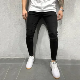 Herrbyxor herr klassiska mager jeans jogging byxor solid färg dubbel ficka kompression denim utomhus sport fritid streetwear