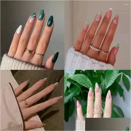 False Nails 24Pcs/Box Women Fashion Artificial Fl Er Detachable Nail Tips Wearable Glitter Almond French Fake Drop Delivery Health Bea Otxmg