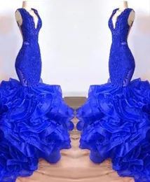 Royal Blue V Neck Lace Long Mermaid Prom Dresses 2019 Organza Layered Ruffles Sweep Train Formal Party Evening Gowns9399189