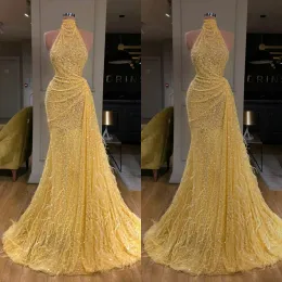Good Quality Popular Glitter Mermaid Evening Dresses Sexy High-neck Sleeveless Sequins Feather Prom Dress Sweep Train Special Ocn Gowns