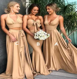 Ny ankomst 2020 Gold Satin Bridesmaid Dresses With Split Two Pieces Long Prom Dress Formal Wedding Gästklänningar Skräddarsydda BM01419187040