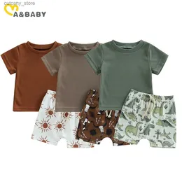T-shirts MA Baby 0-24m Toddler Nyfödda Baby Boy Cloths Set Summer Spädbarnskläder Cow Sun Dinosaur Print Tops Shorts Casual Clothing L240311