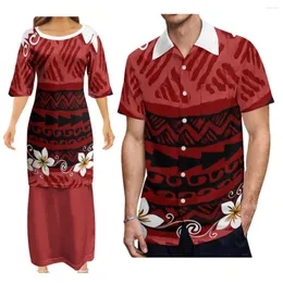 Casual Dresses Red Polynesian Design Fashion Half-Sleeved Dress Samoan Tribe Custom Pattern Puletasi Two Pair Suit With Men'S Shirt