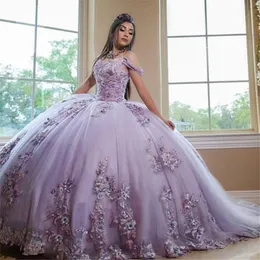 Lavendelbollklänning quinceanera klänningar med spetsar applqiues från axeln söta 16 flickor vestidos de 15 a os 2020289v