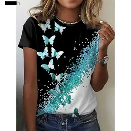 Kvinnors t-shirt 2024 Ny O-Neck 3D Butterfly Print T-shirt Kvinnor T-shirt Summer Fashion Short Sle Tops Overdimensionerade Summer Top Fe Clothing 240311