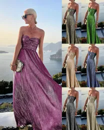Partykleider Elegante rückenfreie grüne Metallfalte trägerlos Maxi Frauen 2024 Frühling Sommer Schulterfrei Split Kleid Lady Paty Clubwear