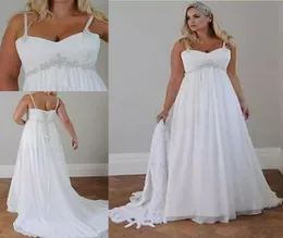 Kristalle Strandhochzeitskleider in Übergröße 2019, Korsett-Rücken, Spaghettiträger, Chiffon, bodenlang, Empire-Taille, elegante Brautkleider 9219345