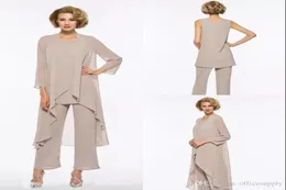 Plus Size Mother Of The Bride Pant Suit 3 Piece Chiffon for Beach Wedding Dress Mother Dress Long Sleeves Cheap Mothers Formal Gow5538287