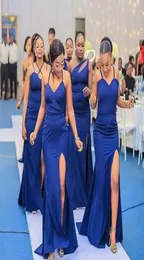 2021 Sexy Royal Blue Bridesmaid Dresses Mermaid Long Satin Difference Neckline Style Side Split Plus Size Wedding Guest Dress Maid3664053