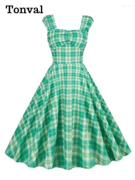 Vestidos casuais tonval pescoço quadrado ruched busto cintura alta 50s rockabilly para mulheres sem mangas vintage pinup vestido xadrez