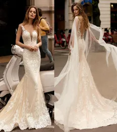 2020 Berta Mermaid Wedidng Cap Lace Applique v Neck Beach Wedding Dress Custom Made Bohemian Bridal Gowns Vestidos DE4345565