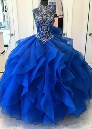 Incrível brilhante cristal pescoço vestido de baile azul organza quinceanera vestidos elegantes noite vestidos formais 2019 princesa doce 16 dres6571869