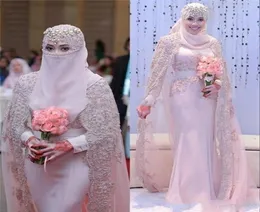 Gorgeous Arabic Muslim Wedding Dresses 2020 High Neck Lace Applique Long Sleeves Sheath Pink Wedding Gowns Bridal Dresses With Wra2842305