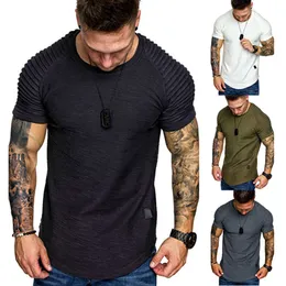 Spring and Summer Round Neck Slim-fit Pleated Casual Short Youth Fashion Base Shirt Men's Sports Rotator Sleeve