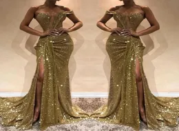 2019 Blingbling Lantejoulas de Ouro Vestidos de Baile Sexy Um Ombro Sereia Alta Dividir Vestidos de Noite Mulheres Vestidos de Festa Baratos 6178111