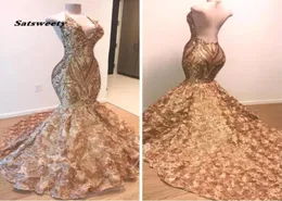 아프리카 골드 댄스 (African Gold Prom Dresses) 인어 halter v 넥 목 3D 꽃 민소원 이브닝 드레스 긴 아랍어 두바이 파티 가운 9442915