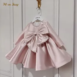 Bebek kız prenses ipek inci elbise uzun kollu bebek yürümeye başlayan çocuk çocuk vintage yay vestido parti pageant doğum günü kıyafetleri 1-14y 240307