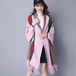 winter spring women's warm and thickened cape shawl coat girls pink color long sleeved stripe cape jacquard tassel with outer shawl jacket outwear