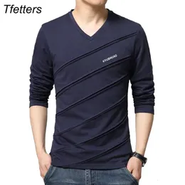 Tfetters varumärke t shirt män twill design vcollar lång ärm t -shirt plus size tshirt smala bomullstoppar tees camisetas man 240227