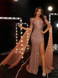 Casual Dresses Yesexy Lightbrown Sequin Split Mesh Sleeves Wedding Födelsedagsfest Formell tillfälle Evening Kyrkan Dress