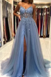 Fantastic Blue Tulle Prom Dresses Sexy A Line Spaghetti V Neck Appliques Beads Front Split Evening Gowns 0417