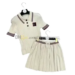 Women Knitted Dress Designer Two Piece Dresses Short Sleeve Knitwears High Waist Pleated Skirt