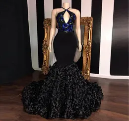 Long Kehole Neck Mermaid Prom Drenses Vrenses 2022 Vneck Top Sequin Flowerique Flowers African Girl Black Satin Backless evening8099430