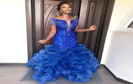 Luxury Royal Blue Off the Shoulder Mermaid Africa Evening Dresses Tassel Beaded Tiered Bottom Pageant Dress Plus Size Prom Gown5664192