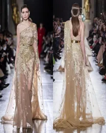 Elie Saab 2019 Evening Dresses Gold Appliques One Shoulder Long Sleeve Backless Prom Gowns Formal Special Occasion Dress Abendklei3106949