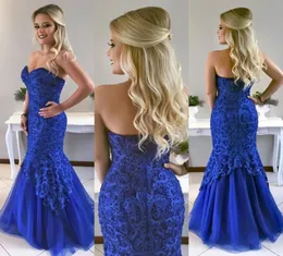 Tanie królewskie niebieskie syrenę koronkowe sukienki na studniówkę z koralikami w kształcie szyi w kształcie drogi sukienki podłogi tiul plus size formalne sukienki 7207942