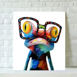 Pop Art Hand Painted Cartoon Animal Canvas Oil Painting Living Room Home Decoration Modern Paintings-Wearing Glasses Frog Framed A225O