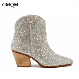 Boots GMQM Fashion Women Ankle Spring Western Cowboy Clear Glitter Bling Shiny Trend High Heels Quality Shoes