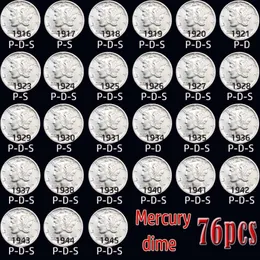 76 unidades de moedas dos EUA 1916-1945 cópias de mercúrio moedas brilhantes de diferentes idades conjunto de moedas banhadas a prata 238h